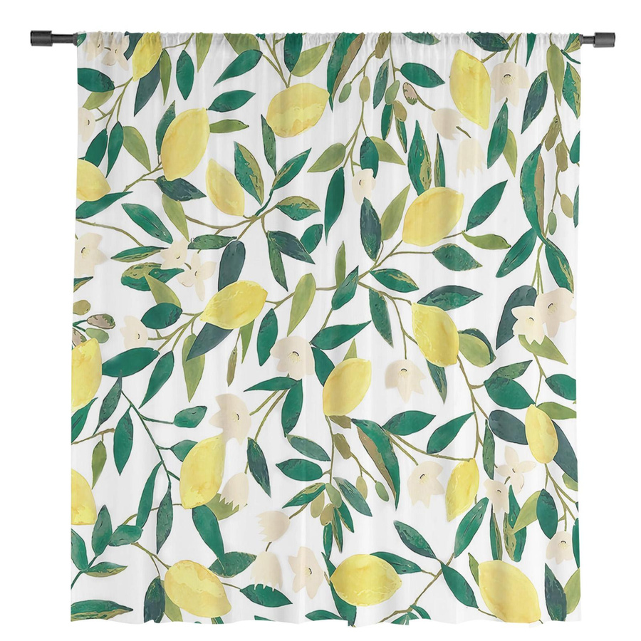 Transparente Tüll-Vorhänge mit Zitronenblatt-Blumen-Motiv in Aquarell-Optik, Breite: 135 cm, Höhe: 115 cm - Bild 3