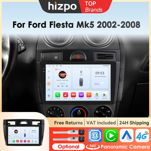 Hizpo Multimedia Smart Autoradio für Ford Fiesta MK Mk5 2002 - 2008 mit 9 Zoll Display, Drahtlosem CarPlay, Android Auto, 4G und GPS in Schwarz - Bild 1