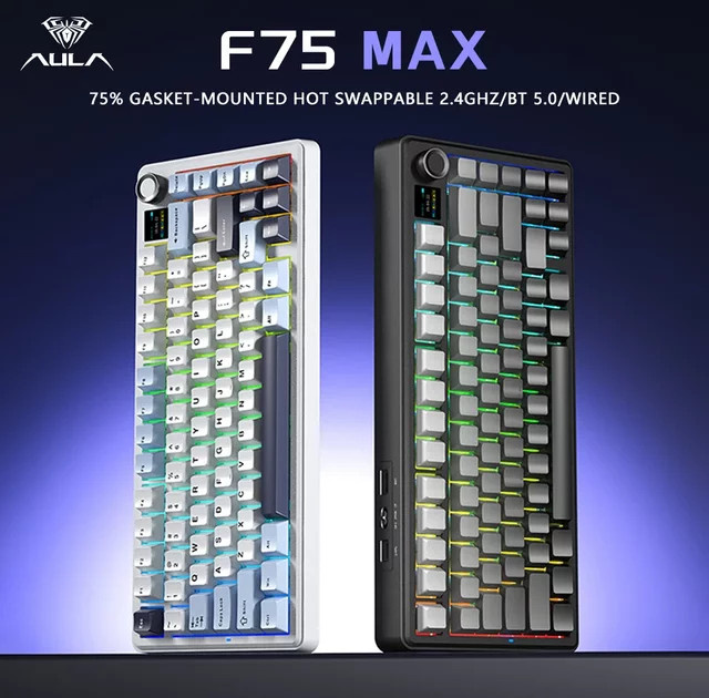 AULA F75 MAX Mechanische Gaming-Tastatur mit RGB, Hot-Swap und TFT-Bildschirm, 75 % Layout, Bluetooth/2,4 G/Verkabelt, Blau-Weiß - Bild 1