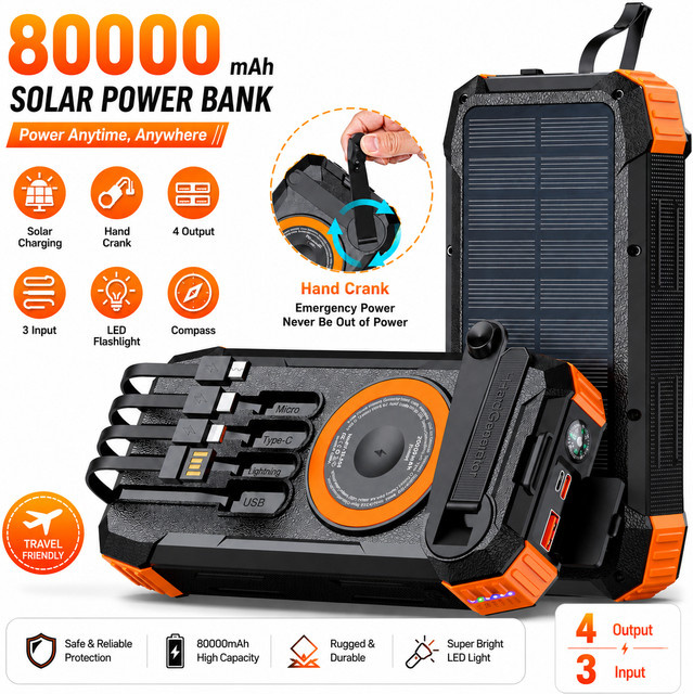 Rscrola Magnetische Kabellose Powerbank mit Solar-Handkurbel und LED-Notlicht, 50000mAh, Schwarz - Bild 1