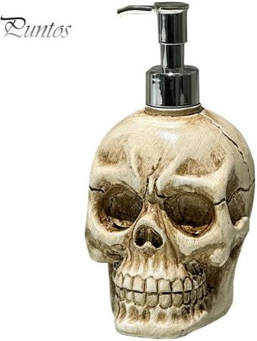 Gothic Schädel Seifenspender mit Pumpe, nachfüllbarer Flüssigseifenbehälter aus Kunststoff in Grau und Beige - Bild 1