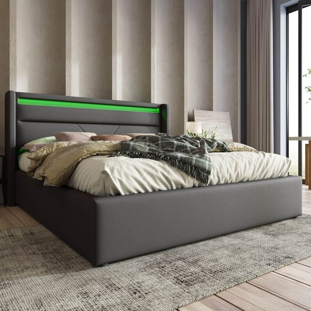 Aosom Doppelbett mit LED-Beleuchtung und Hydraulik-Stauraum, gepolstertes Gestell in Grau, B/T/H: 202 x 146 x 107,5 cm - Bild 1