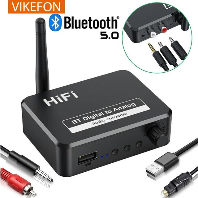 VIKEFON Analog Audio DAC Konverter: Digital SPDIF Optical Toslink auf 3,5 mm AUX Jack und RCA L/R mit Bluetooth 5.0 Empfänger, Schwarz - Bild 1