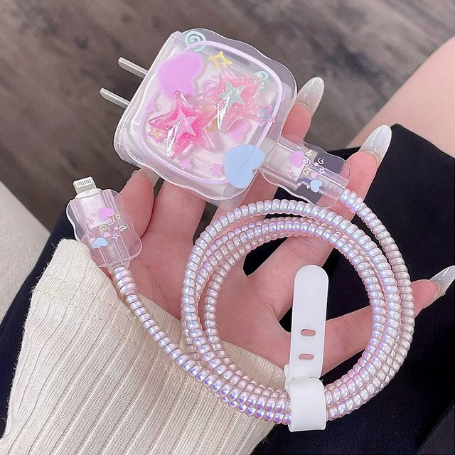 3D Pink Cute Star TPU Ladegerät Schutzhülle und Kabelwickler Kit für iPhone 16 18W/20W Schnellladekabel - Bild 1