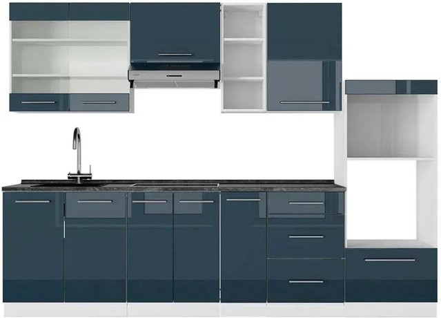 Vicco Küchenzeile Fame-Line in Weiß und Dunkelblau Hochglanz mit Arbeitsplatte in Anthrazit, Breite: 280 cm - Bild 2