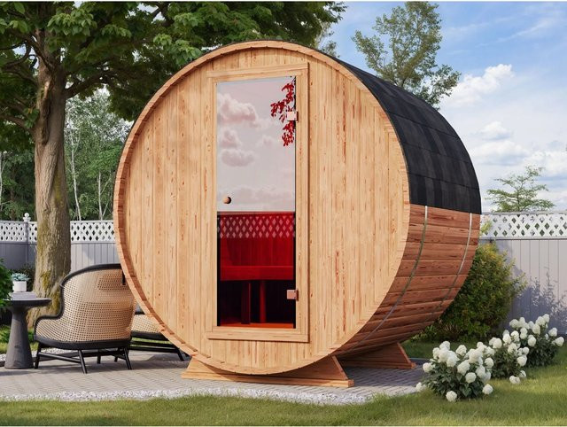 Fjordholz Fass-Sauna Modell Mini Luxe aus Thermoholz in Braun - Bild 1