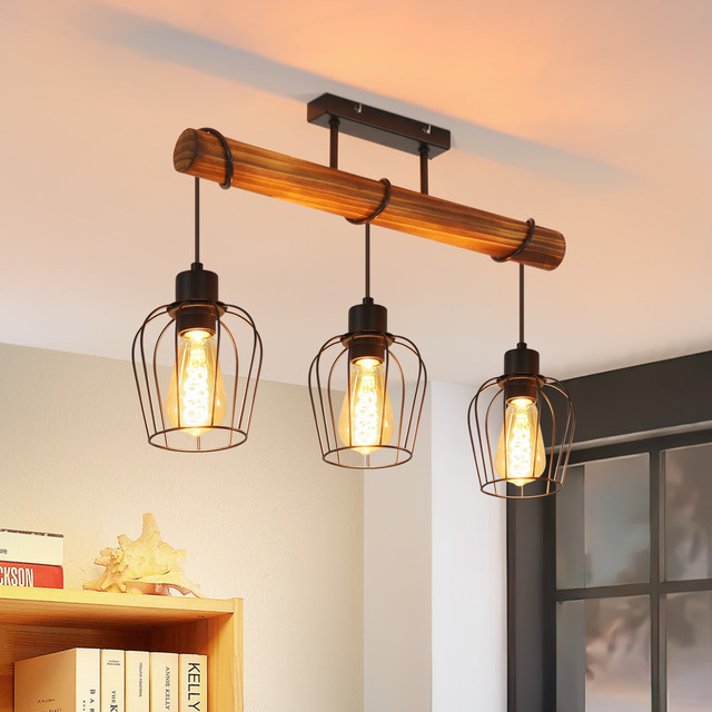 Retro Industrielle Pendelleuchte in Schwarz aus Holz und Metall mit E27 Fassung als Vintage Deckenlampe mit Käfigschirm - Bild 1
