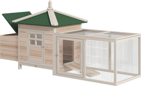 PawHut Zwerghühnerstall aus Kiefernholz mit Auslauf und Nistkasten, wetterfestes Hühnerhaus in Braun, B/T/H: 196 x 76 x 97 cm