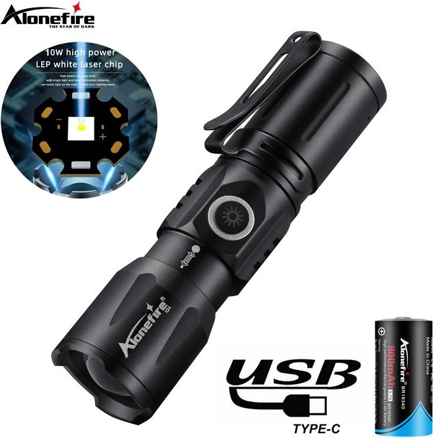 Alonefire Mini-LED-Taschenlampe mit Zoom-Beam, wiederaufladbar via USB-C, Schwarz - Bild 1
