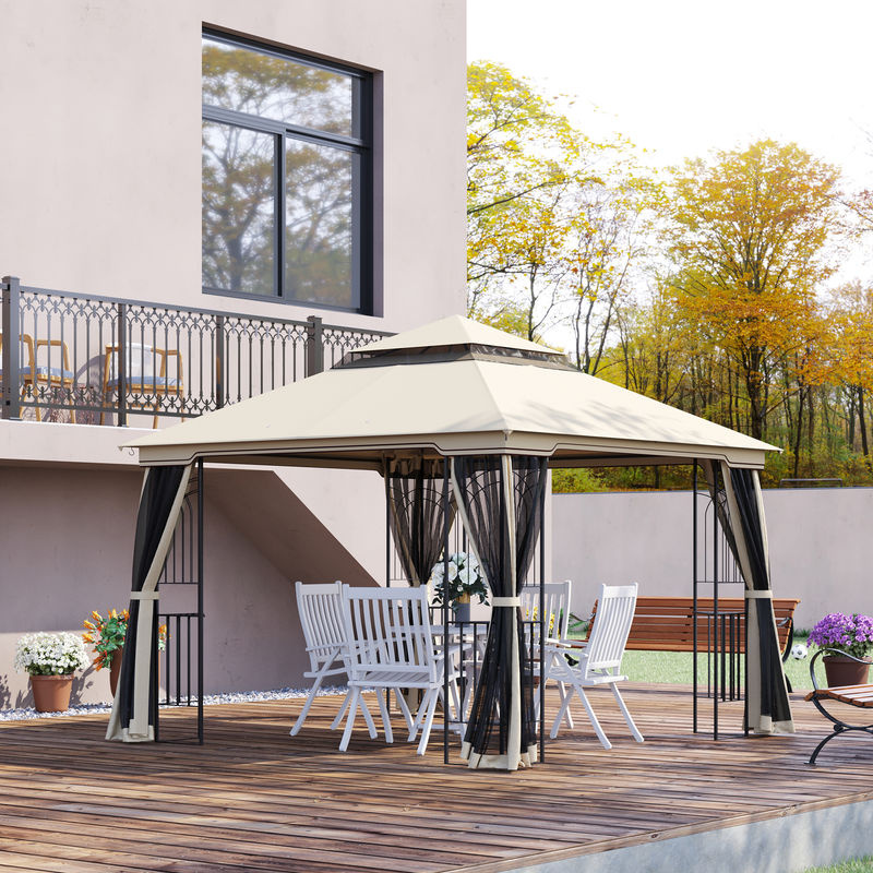 Outsunny Gartenpavillon mit Doppeldach und 4 Seitenwänden aus Metall und Polyester in Beige B/T: 2,99 x 2,99 m - Bild 2