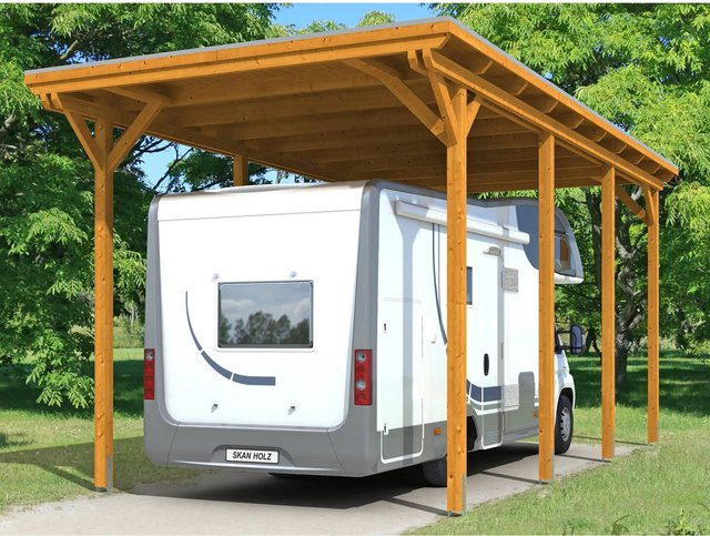 Skan Holz Carport Emsland Caravan aus Fichte Leimholz in Braun mit Aluminium-Dachplatten, Breite: 404 cm, Höhe: 372 cm - Bild 1