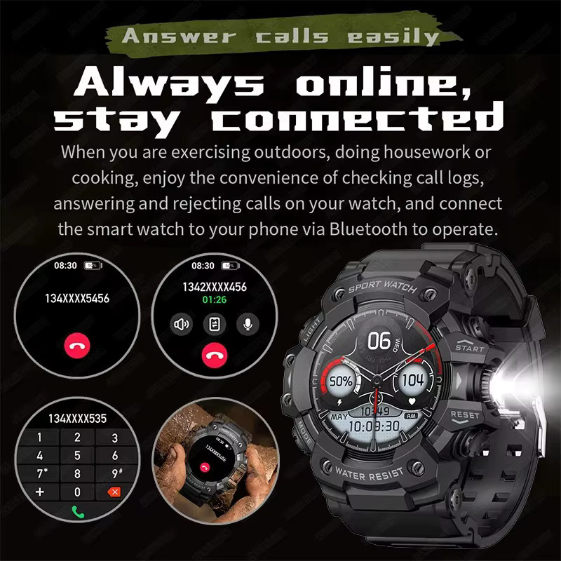 BOXUXING Militär Outdoor Smartwatch für Männer in Blau mit Bluetooth Anruffunktion, Herzfrequenzmessung, Kompass und IP68 Wasserdichtigkeit - Bild 3