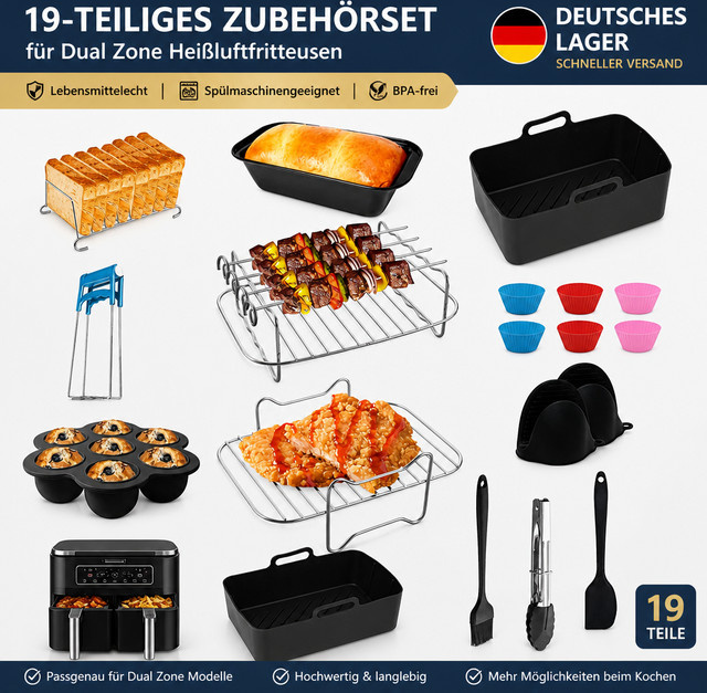 19-teiliges Ninja Heißluftfritteusen Zubehörset aus Silikon in Schwarz mit Grillspießen, Brotform, Kuchenformen und Handschuhen, Maße: Breite: 20 cm, Tiefe: 13 cm, Höhe: 7 cm - Bild 1
