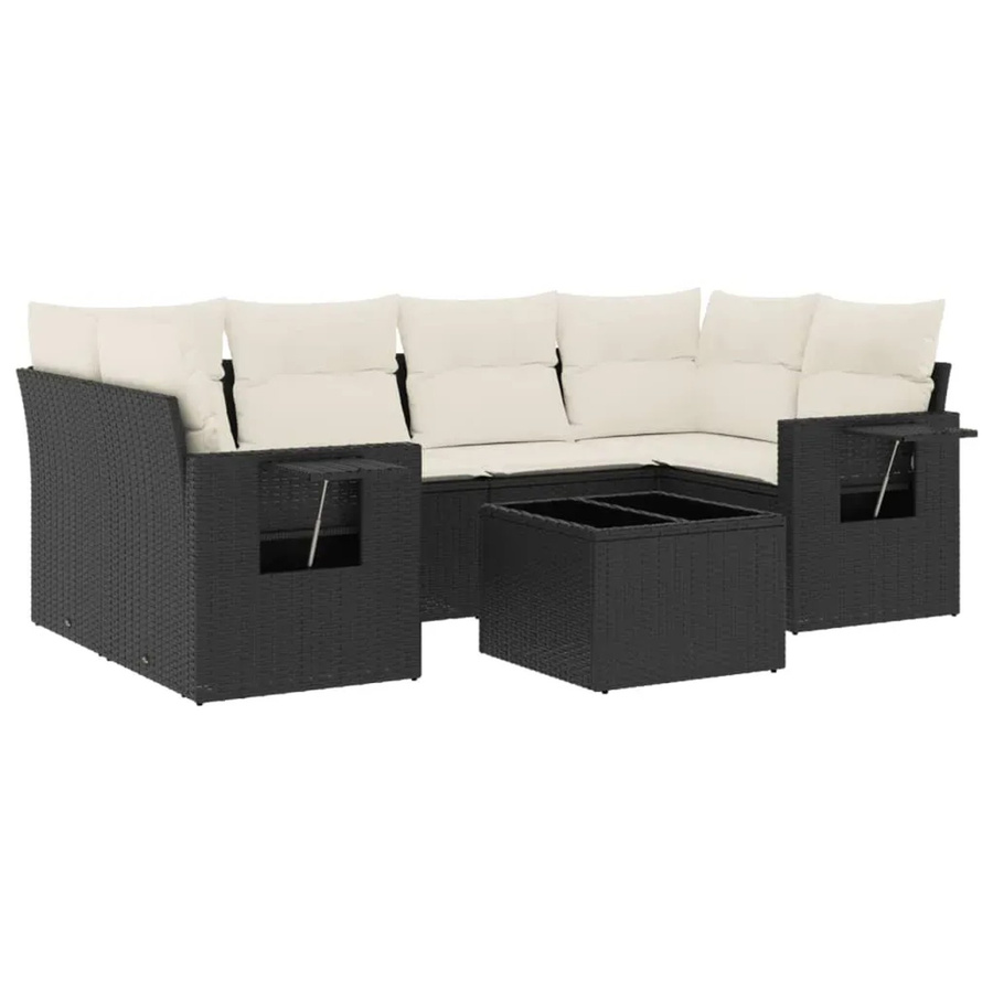 vidaXL 7-teilige Garten-Sofagarnitur in L-Form aus Poly-Rattan und pulverbeschichtetem Stahl mit Kissen in Schwarz-Creme - Bild 2