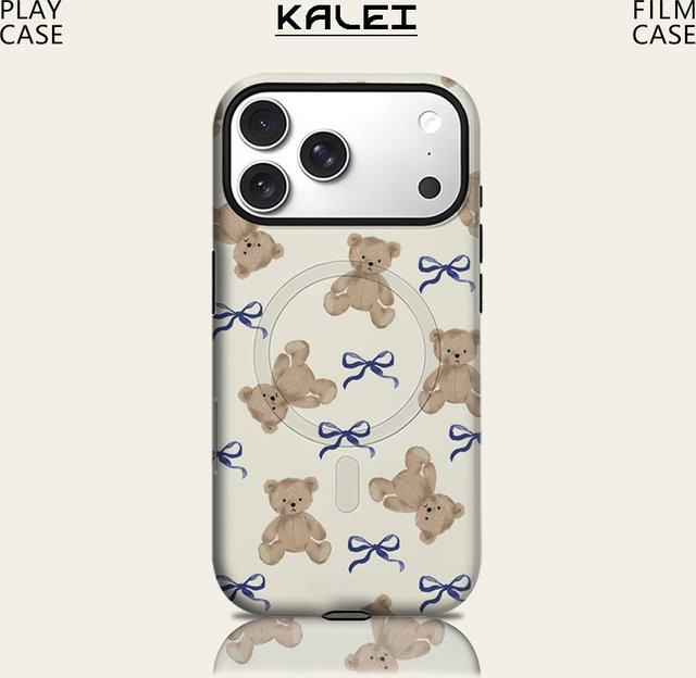 Potdemiel Handyhülle mit Bären-Motiv und blauer Schleife für iPhone 17 16 15 14 13 Pro Max Plus, magnetisch, doppelschichtig und robust, Hellbraun/Mehrfarbig - Bild 1