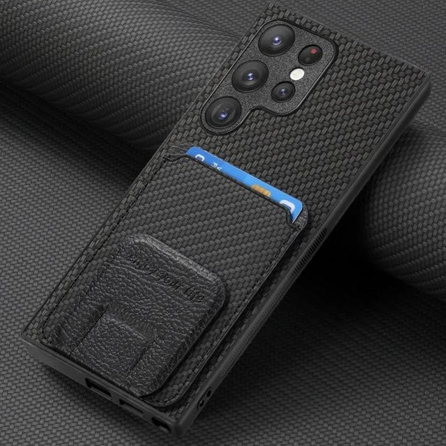 Carbon Fiber Handyhülle mit Standfunktion und Kartenhalter für Samsung Galaxy S24 Ultra S23 FE S22 Plus A35 A25 A24 A15 A05 A05S in Schwarz - Bild 1