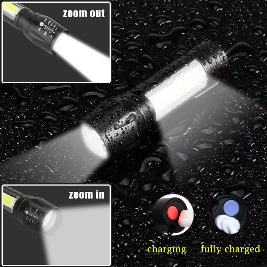 eoopee Mini-Taschenlampe mit LED COB und XPE, USB wiederaufladbar, schwarz, mit Clip und zoombarem Fokuslicht - Bild 5