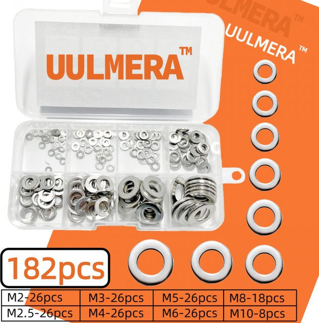 UULMERA 182-teiliges Edelstahl-Unterlegscheiben-Set in Silber, Metallscheiben-Set mit 8 Größen (M2-M10) für Schrauben und Bolzen - Bild 1