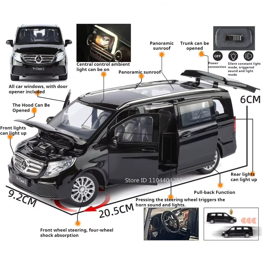 MAKEDA V260L Vellfire Diecast Legierung Modelle, 1:24, mit Licht und Sound, Schwarz - Bild 1
