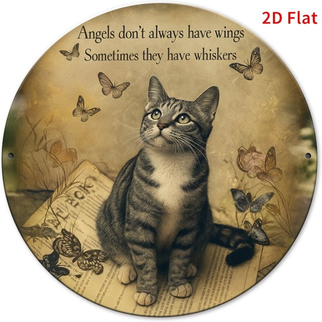 Potdemiel Metall-Wandkunstschild Angel Cat mit Tabby-Katze und Schmetterlingen, Mehrfarbig, B/H: 20 x 20 cm - Bild 1