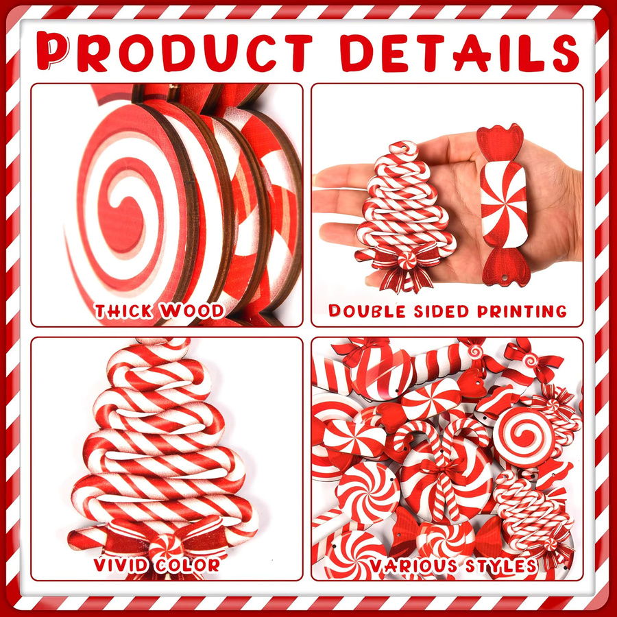 DUTRIEUX Weihnachts-Zuckerstangen Holzornamente rot-weiß gestreift als Anhänger für Weihnachtsbaum und Heimdekoration - Bild 5