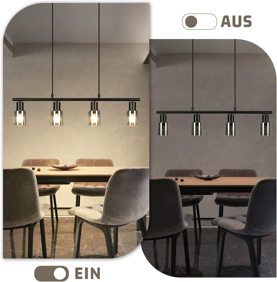 4-flammige Vintage Pendelleuchte im Industrial Design aus Glas und Metall, Schwarz, E14, für Esszimmer und Küche - Bild 5