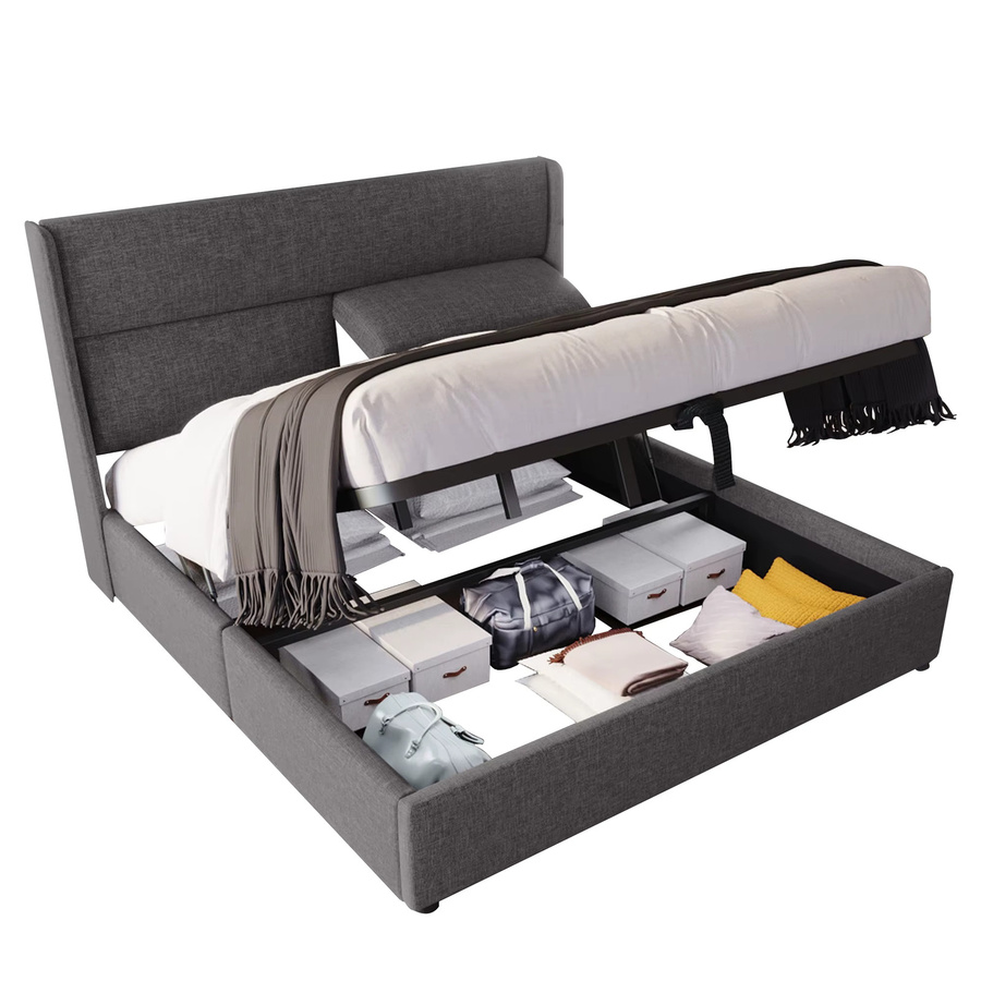 KOMHTOM Polsterbett Doppelbett in Grau mit hydraulischem Stauraum und Metall-Lattenrost, B/T/H: 160 x 200 cm - Bild 2