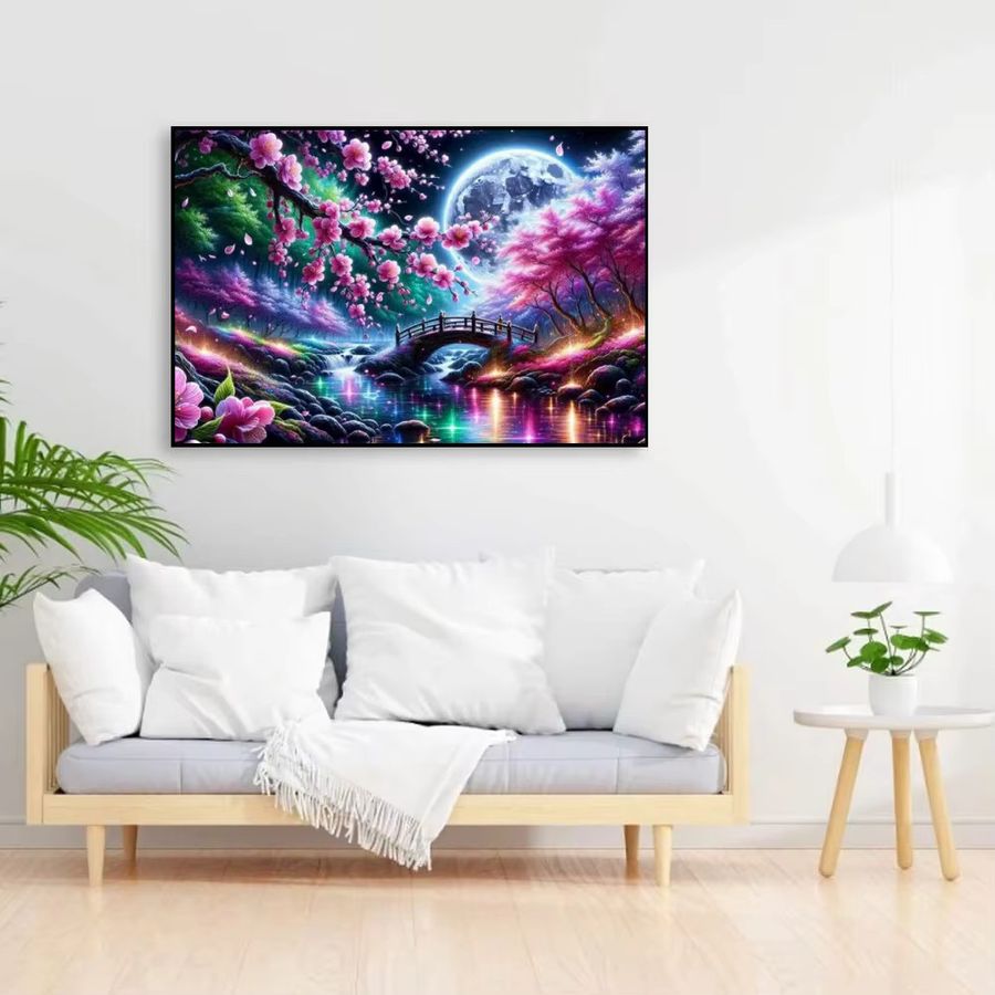 Potdemiel 5D Diamantgemälde DIY Landschaft mit Brücke, Fluss und Mond für Erwachsene und Anfänger - Bild 4
