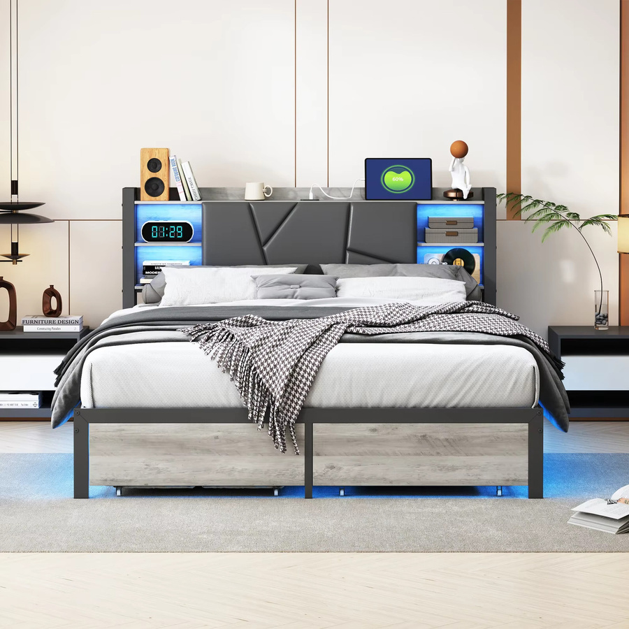 Comanlai Metallbettgestell mit LED-Beleuchtung, 2 Schubladen und USB-Ladeanschluss, modernes Doppelbett mit Lattenrost, B/T/H: 140 x 200 cm - Bild 4