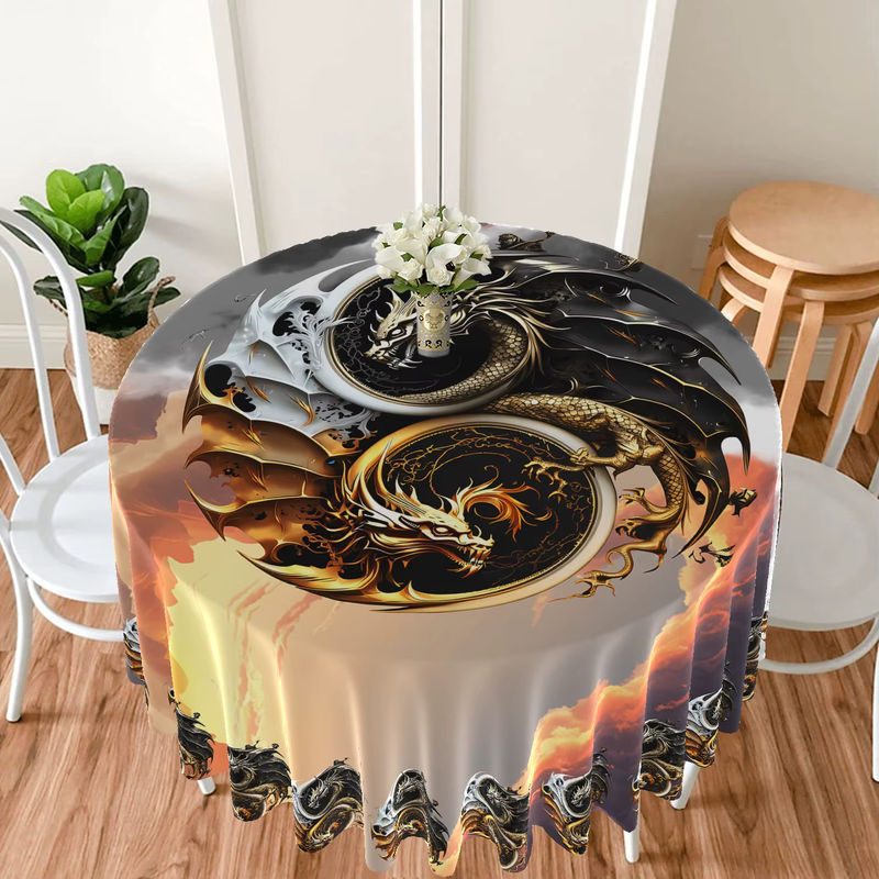 Runde wasserabweisende Tischdecke mit Tai Chi Yin Yang Sonne Mond Drachen und Einhorn Muster in Mehrfarbig - Bild 2
