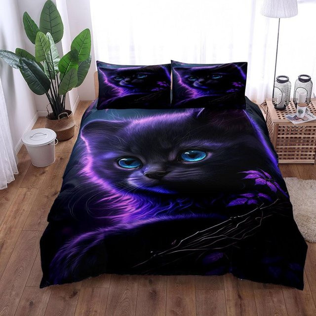 Bettwäscheset mit Neon Katze Motiv von Binchi Outdoor Product, 3-teilig, Mehrfarbig, B/H: 140 x 200 cm - Bild 1