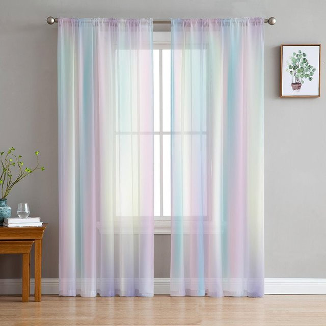 Transparenter Voile-Vorhang mit Regenbogenstreifen-Print in Multicolour, eleganter Tüll-Fensterbehang für Wohnzimmer und Balkon, Breite: 100 cm, Höhe: 250 cm - Bild 1