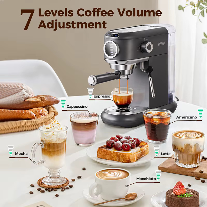 CAFELFFE MK-601F 4-in-1 Espresso-Kaffeemaschine mit Milchaufschäumer, 19 Bar Kapselmaschine für Nespresso Original, ESE-Pads und Kaffeepulver mit 7-stufiger Kaffeevolumenregulierung, 1450W - Bild 2