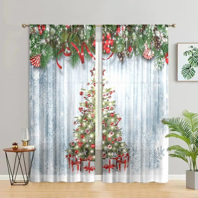 2er-Set Weihnachtsbäumchen und Schneeflocken Vorhänge aus Holz-Optik in Weiß, semi-transparent, B: 150 cm, H: 166 cm - Bild 1