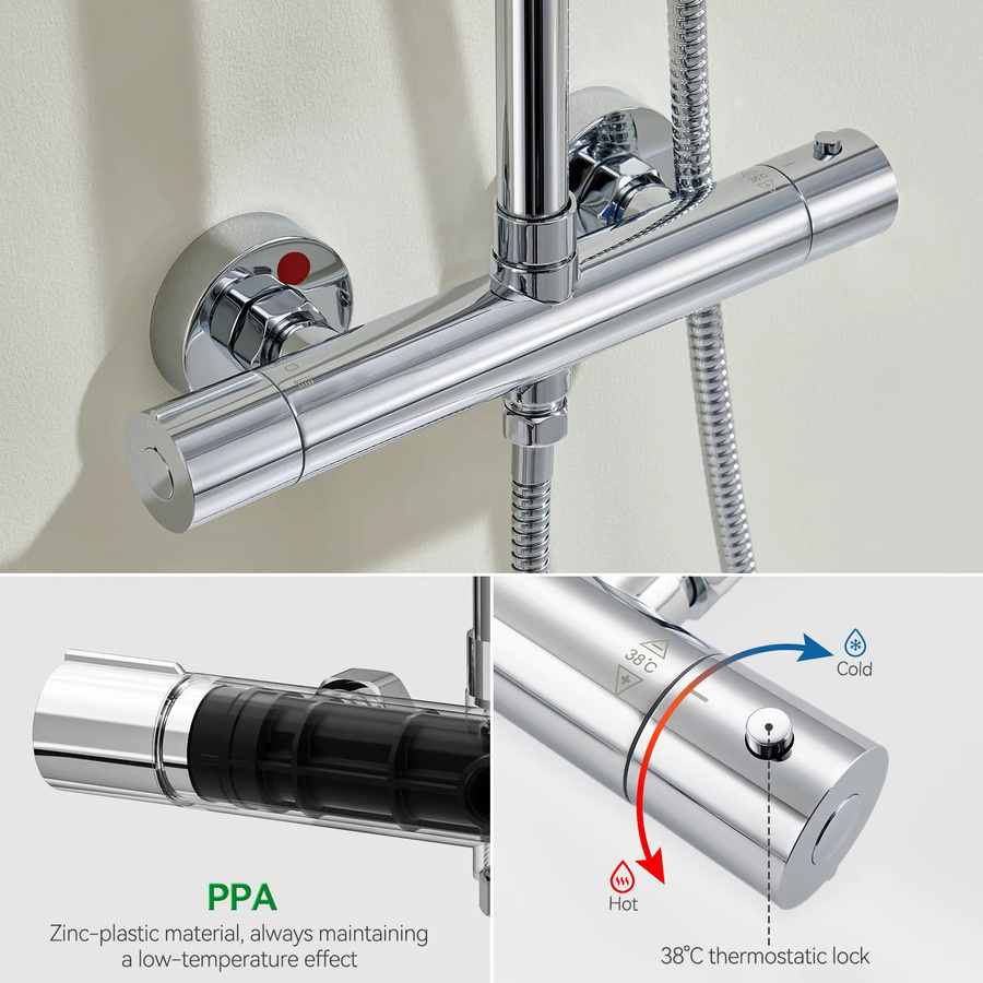 CECIPA max Duschsäule mit Thermostat-Mischbatterie und Regenduschkopf in Chrom, Regenduschkopf Breite: 25 cm, Höhe: 25 cm - Bild 2