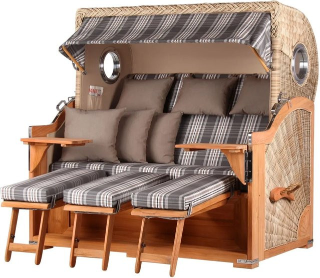 bene,iving Strandkorb Komplettset Königssee 3 Sitzer aus Teakholz mit PE Shell Modell 522 in Beige und Braun inklusive Liftersystem, Schutzhülle, Doppelrollen und Glasbecherhalter - Bild 1