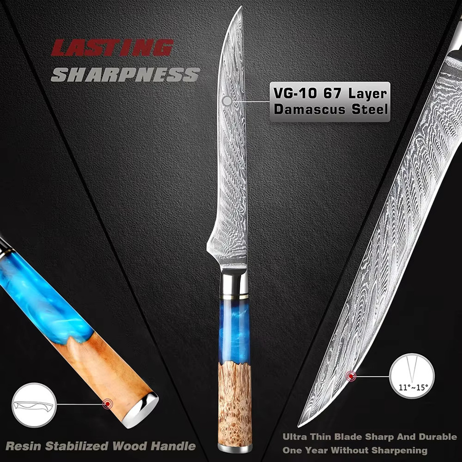 Xituo Japanisches Küchenmesser-Set mit blauem Harzgriff, 1–7 Stück, bestehend aus Santoku, Hackmesser, Brotmesser und Knochenmesser sowie Stäbchen - Bild 2