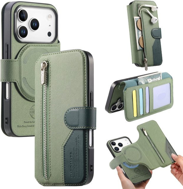HQBBRO 2-in-1 Magnetische Leder-Wallet-Tasche mit abnehmbarem Reißverschluss für iPhone 12 bis iPhone 17 Pro Max in Schwarz oder Grün - Bild 1