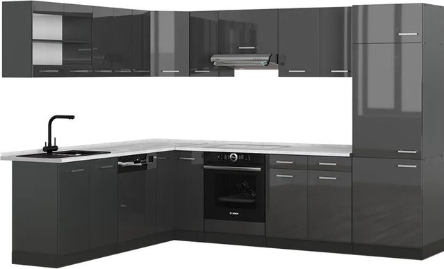Vicco R-Line Eckküche Anthrazit Hochglanz mit Marmor-Optik B/T/H: 227 x 287 cm - Bild 1