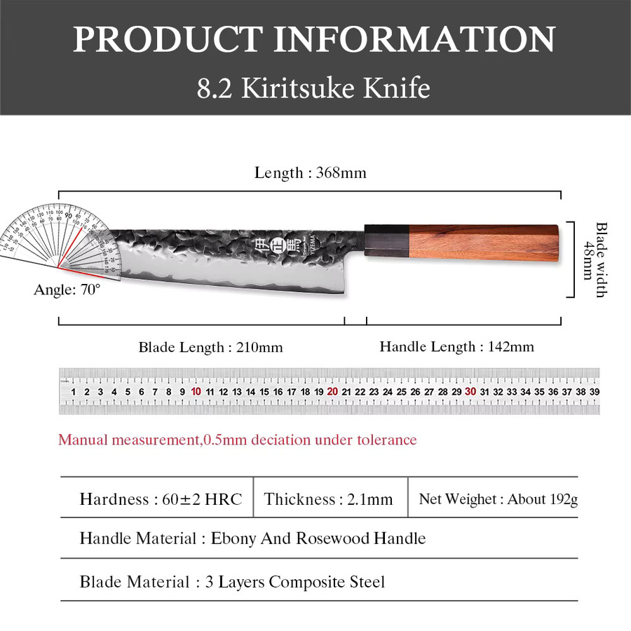 YIZEMA Japanisches Kiritsuke-Messer aus 3-lagigem Verbundstahl, 20,83 cm, Edelstahl, Silber - Bild 6