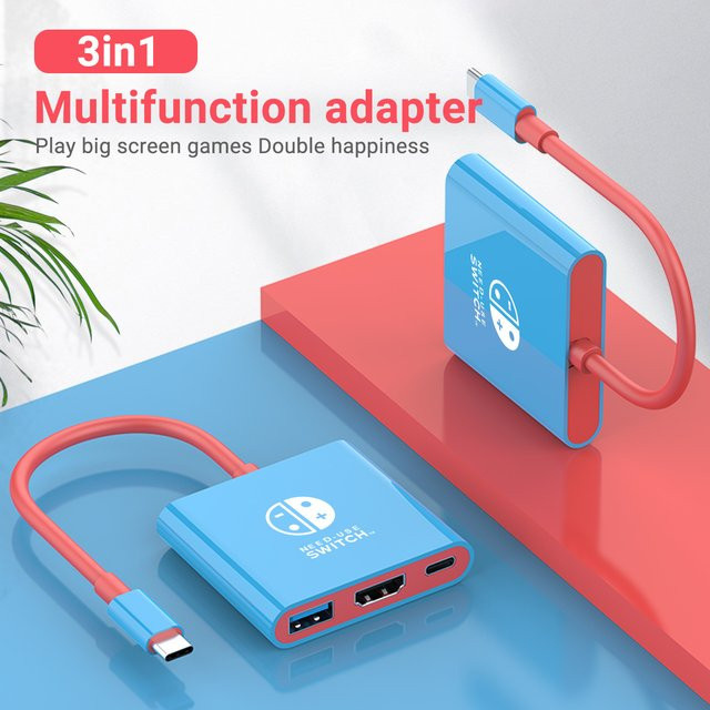 Tragbare Nintendo Switch Docking Station USB-C Hub mit HDMI und USB 3.0 in Blau und Rot - Bild 1