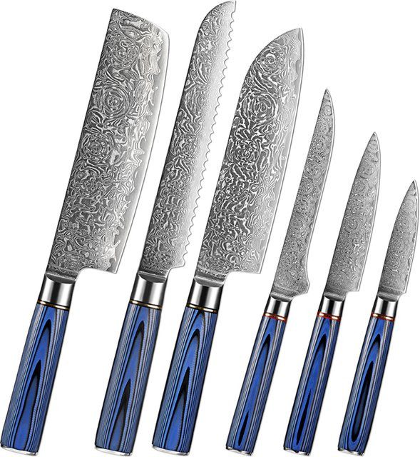 Xituo 1-6-teiliges Küchenmesser-Set aus Damaszener Stahl mit Rosenmuster und blauem G10-Griff - Bild 1