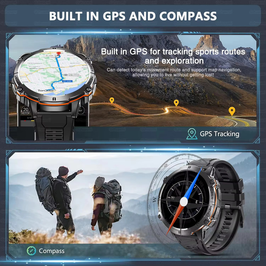 GUHUAVMI Militär Smartwatch für Herren mit 1,73 Zoll HD-Bildschirm, GPS, Kompass und 10ATM Wasserdichtigkeit, Schwarz - Bild 2