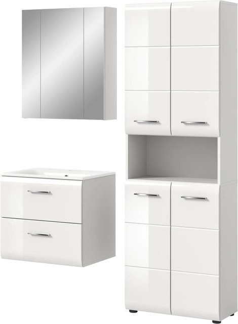 Inn.Furn Badmöbel Set Cover in Weiß Hochglanz, 3-teilig, mit Waschtischunterschrank, Spiegelschrank und Hochschrank, Breite: 135 cm - Bild 1