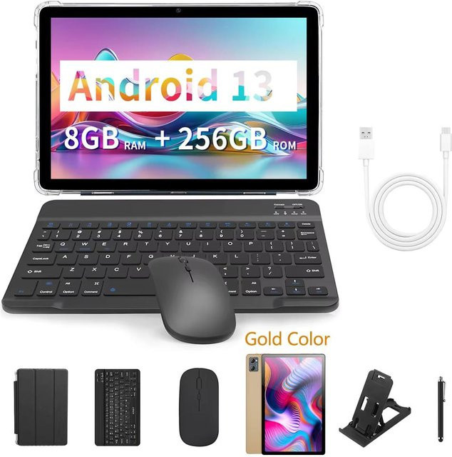 BDF Tablet PC 10,1 Zoll Android 12 mit 8GB RAM und 256GB ROM, Octa Core, 4G LTE, WiFi und Bluetooth, Gold - Bild 1