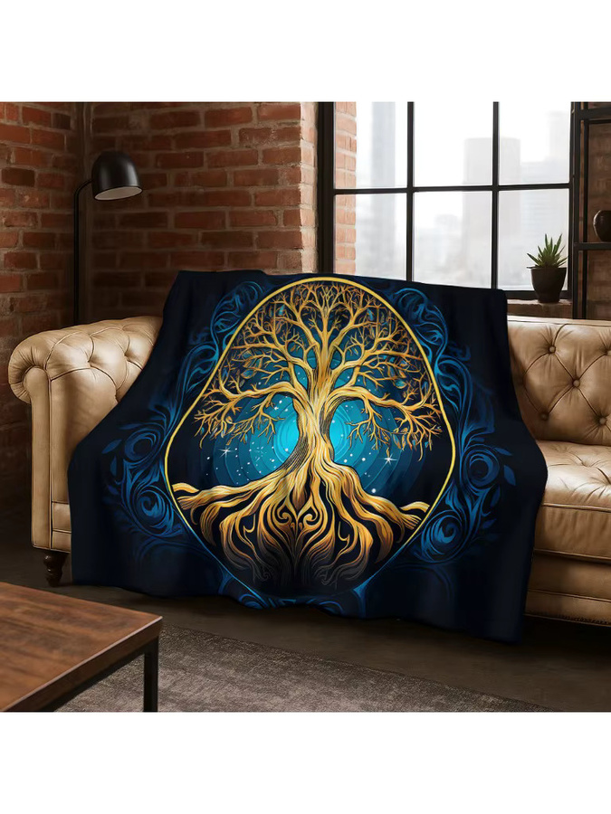 Faviora Nature Viking Yggdrasil Flanelldecke mit nordischem Baum des Lebens in Blau - Bild 2