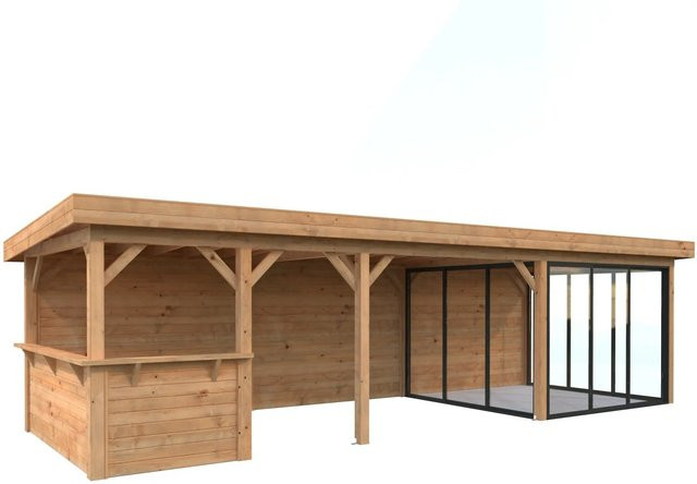 Palmako Pavillon Lenna Set 416 Slide aus Fichtenholz mit Alu-Schiebetüren und PZ-Schloss, Braun, B/T/H: 876 x 300 x 245 cm - Bild 1