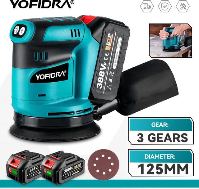YOFIDRA kabelloser elektrischer Exzenterschleifer mit 125 mm Schleifscheibe, 3 Gänge und verstellbarer Geschwindigkeit, kompatibel mit Makita 18 V Akku - Bild 1