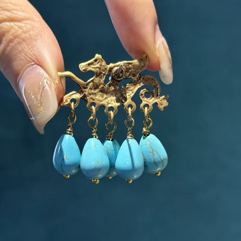 STALAIT Ohrringe, Messing, Gold, fliegendes Pferd, türkisfarbene Wassertropfen, Damen - Bild 2