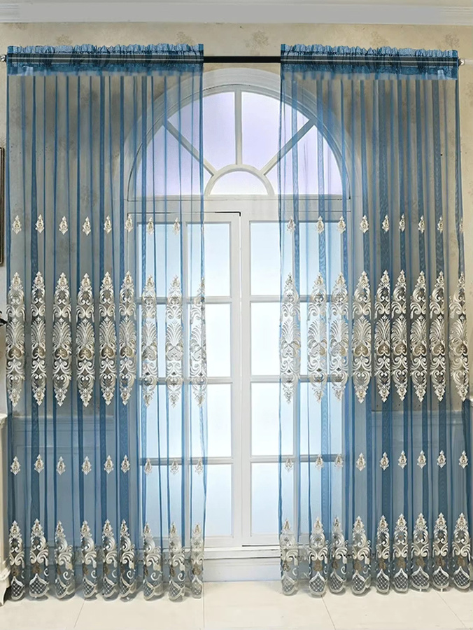 ZJBYZHOUSEHOLD Gaze-Vorhang mit blauer Begonie-Stickerei, transparent und modern, Farbe: Blau, Breite: 100 cm, Höhe: 200 cm - Bild 3